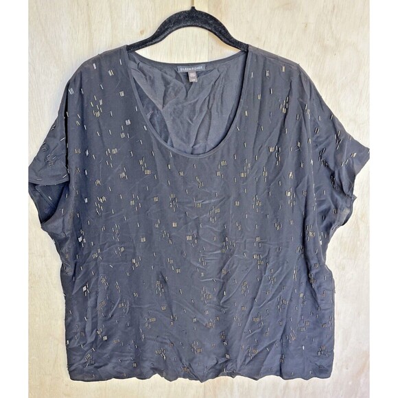 Eileen Fisher Size Large Blouse Top Shirt 100% SILK Black beaded Short Sleeve - Picture 1 of 7